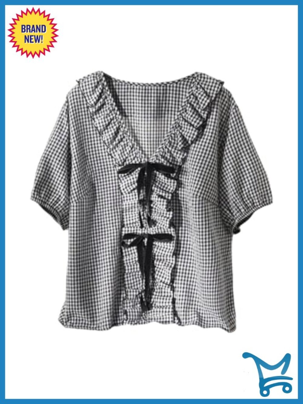 Plus Size Bow Gingham Blouse Ruffle V-Neck Short Sleeve Cute Summer Tops